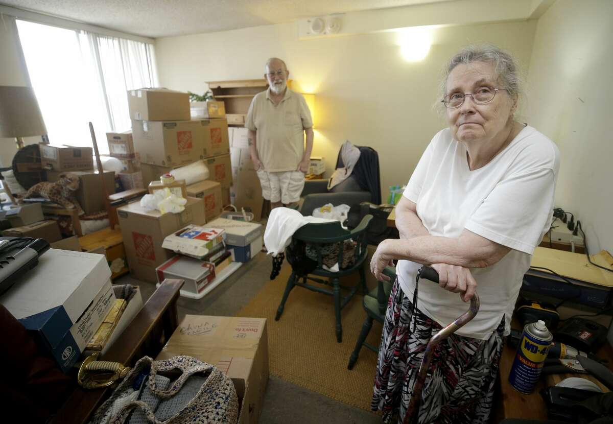 Peg Sauter and her husband, Ron Sauter, talk about having to move from their apartment in 2100 Memorial, a building for seniors that's flooded numerous times, shown Tuesday, Sept. 26, 2017, in Houston. (Melissa Phillip | Houston Chronicle)