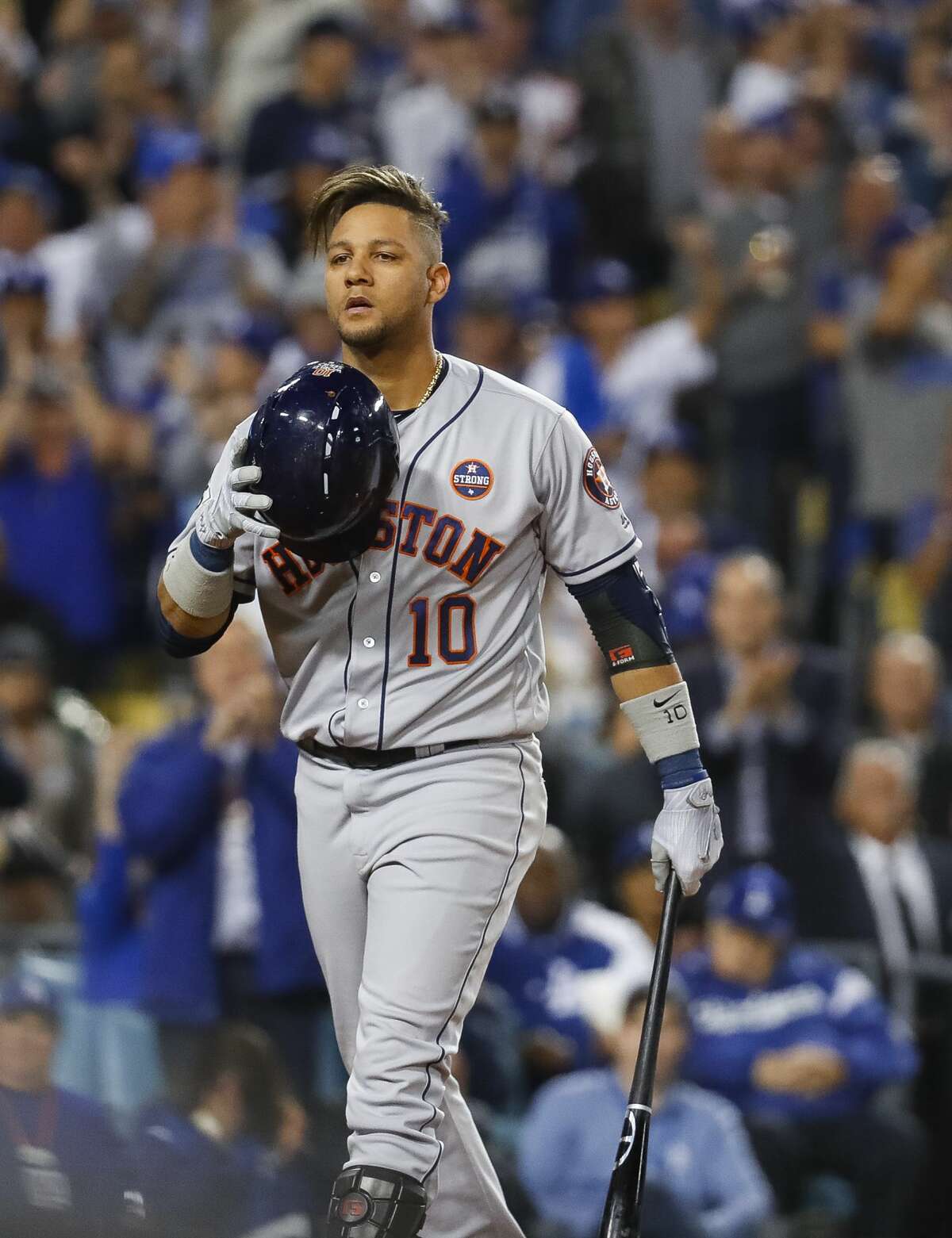 Houston Astros first baseman Yuli Gurriel (10) reacts after popping out during the eighth inning of Game 6 of the World Series at Dodger Stadium on Tuesday, Oct. 31, 2017, in Los Angeles.