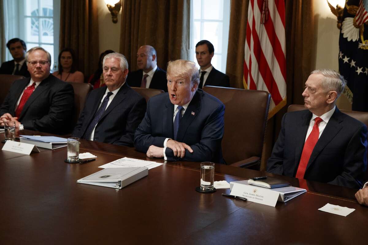 Deputy Secretary of Department of Interior David Bernhard (far left) during a cabinet meeting Wednesday at the White House with President Donald Trump, Secretary of State Rex Tillerson, Trump, and Secretary of Defense Jim Mattis. (AP Photo/Evan Vucci)
