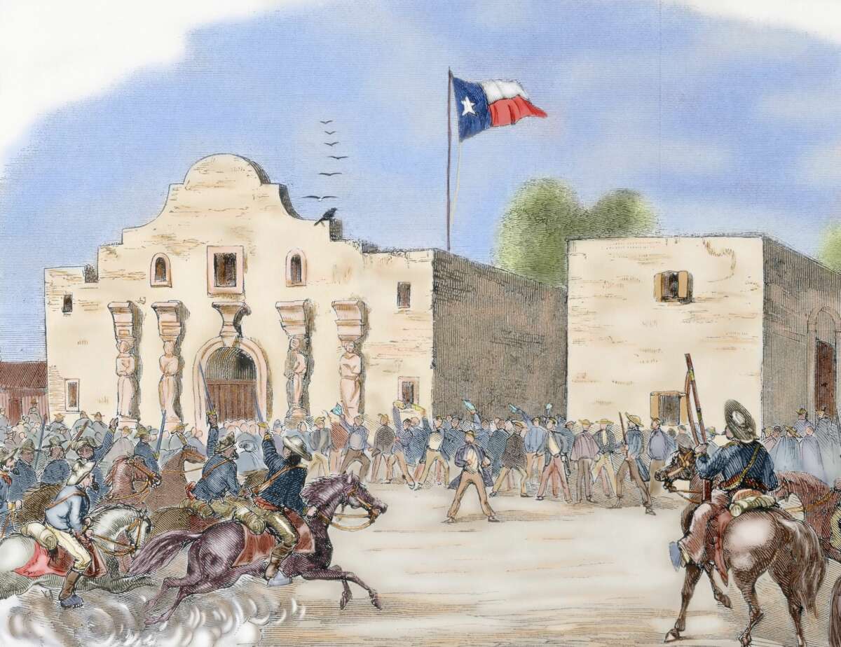 USA. Annexation of Texas. In December 1845, during the presidency of James Knox Polk, Texas became a state of the Union. The annexation meant the Mexican-American war of 1846-1848. Texas State Flag waving over The Alamo, San Antonio, after being admitted to the Union a month before the start of the Civil War, 1845. Engraving from "Harper's Weekly" (1861). Colored. (Photo by: Prisma/UIG via Getty Images)