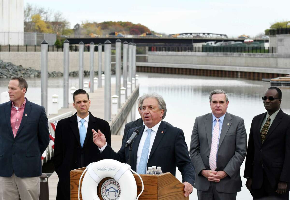 David Buicko, president and CEO of the Galesi Group, speaks during a ceremony to mark the completion of the marina at Mohawk Harbor on Wednesday, Nov. 1, 2017, in Schenectady, N.Y. The signature element of a $480 million mixed-use development is ready for public use and includes 50 boat slips, amphitheater, and kayak launch. (Will Waldron/Times Union)