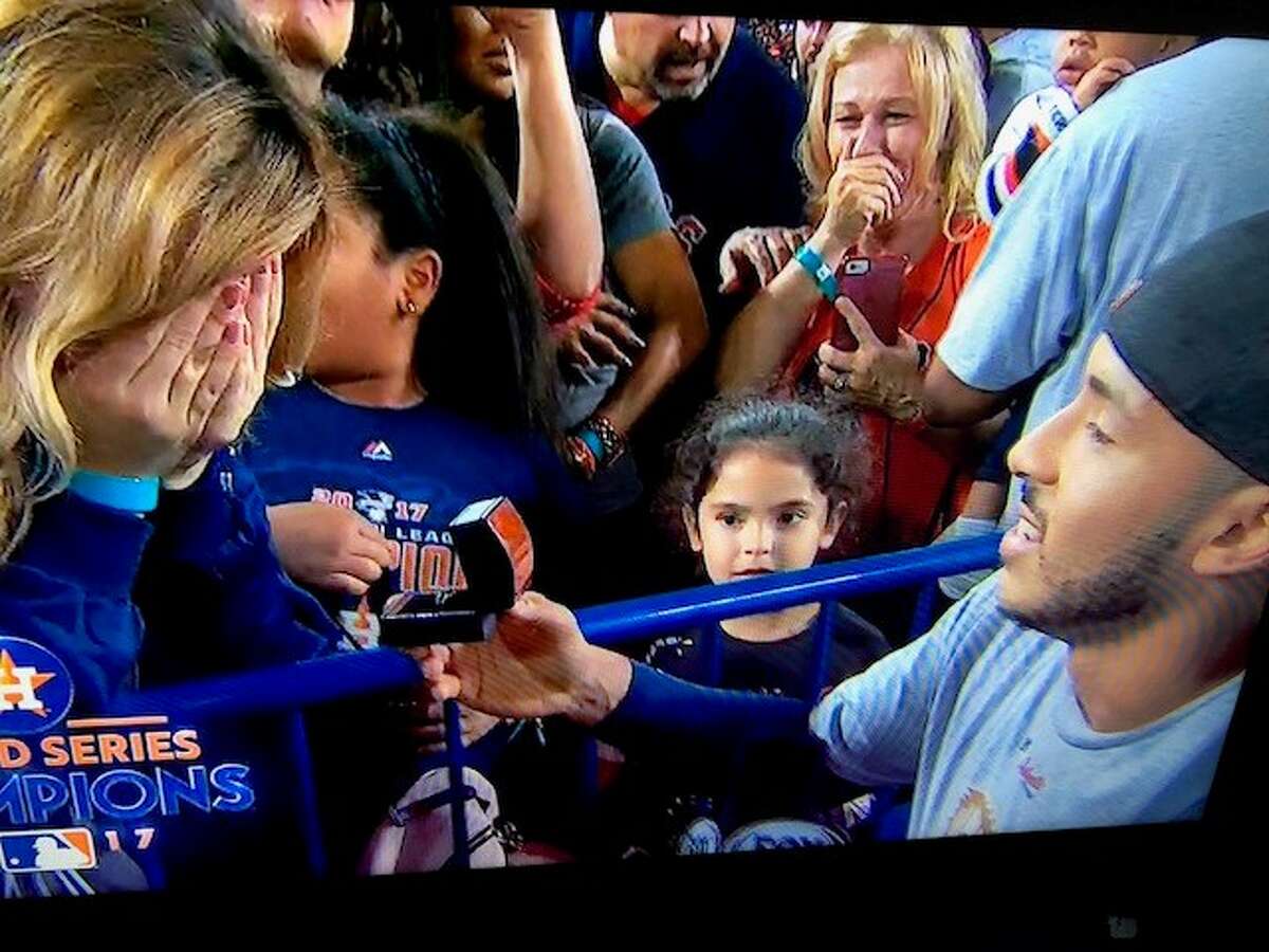 Houston Astro Carlos Correa proposes to girlfriend Miss Texas USA Daniella Rodriguez after World Series win over the Los Angeles Dodgers.