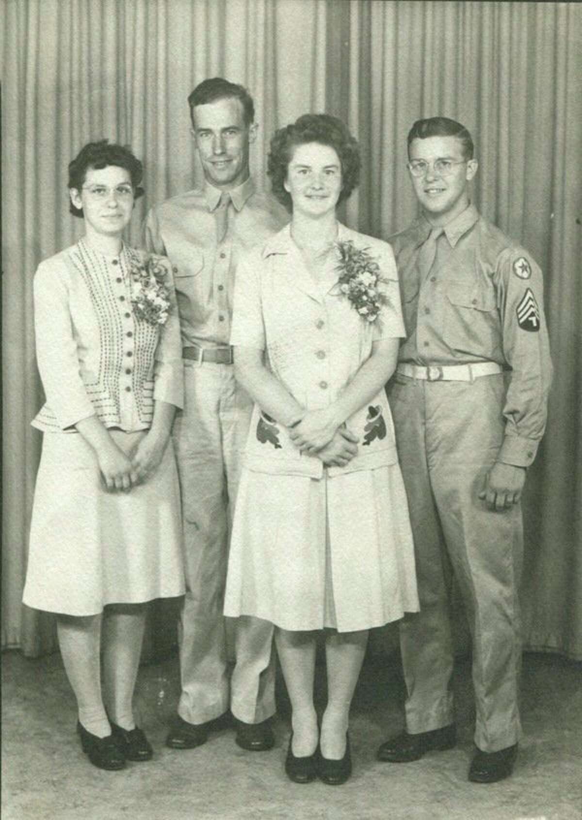 On July 15, 1944, Bob Moe and Mildred Horning were married in the First Baptist Church in Midland. In the photo from left are Clara Penney (Bob's sister), Lloyd Mudd, bride Mildred Horning and groom Bob Moe. Three days later, Bob was back in Pomona, California with his battalion.