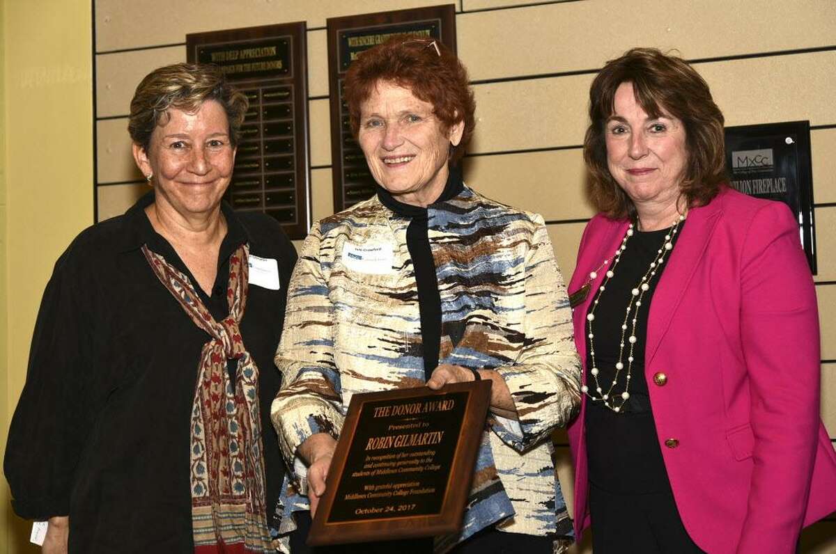 From left are Middlesex Community College Foundation donor award recipient Robin Gilmartin, foundation board chairwoman, MxCC alumna and Middletown attorney Julé Crawford; and Associate Dean of Development Cheryl Dumont-Smith.