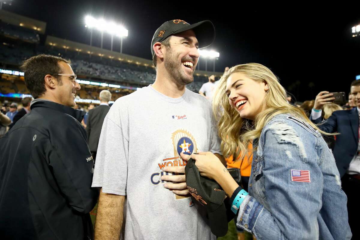 Houston Astros pitcher Justin Verlander celebrate with the Commissioners  trophy after beating the Los Angeles Dodgers in the 2017 MLB World Series  game seven at Dodger Stadium in Los Angeles on November