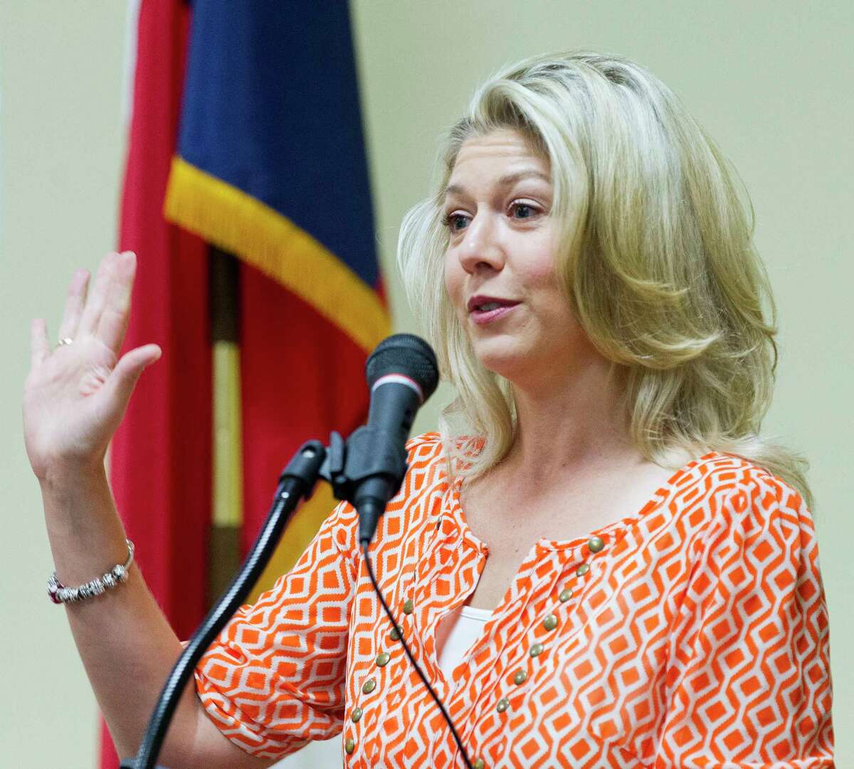 Laura Fillault, incumbent for Position 7 with The Woodlands Township Board of Directors, speaks during a Texas Patriots PAC meeting, Tuesday, Sept. 19, 2017, in The Woodlands.
