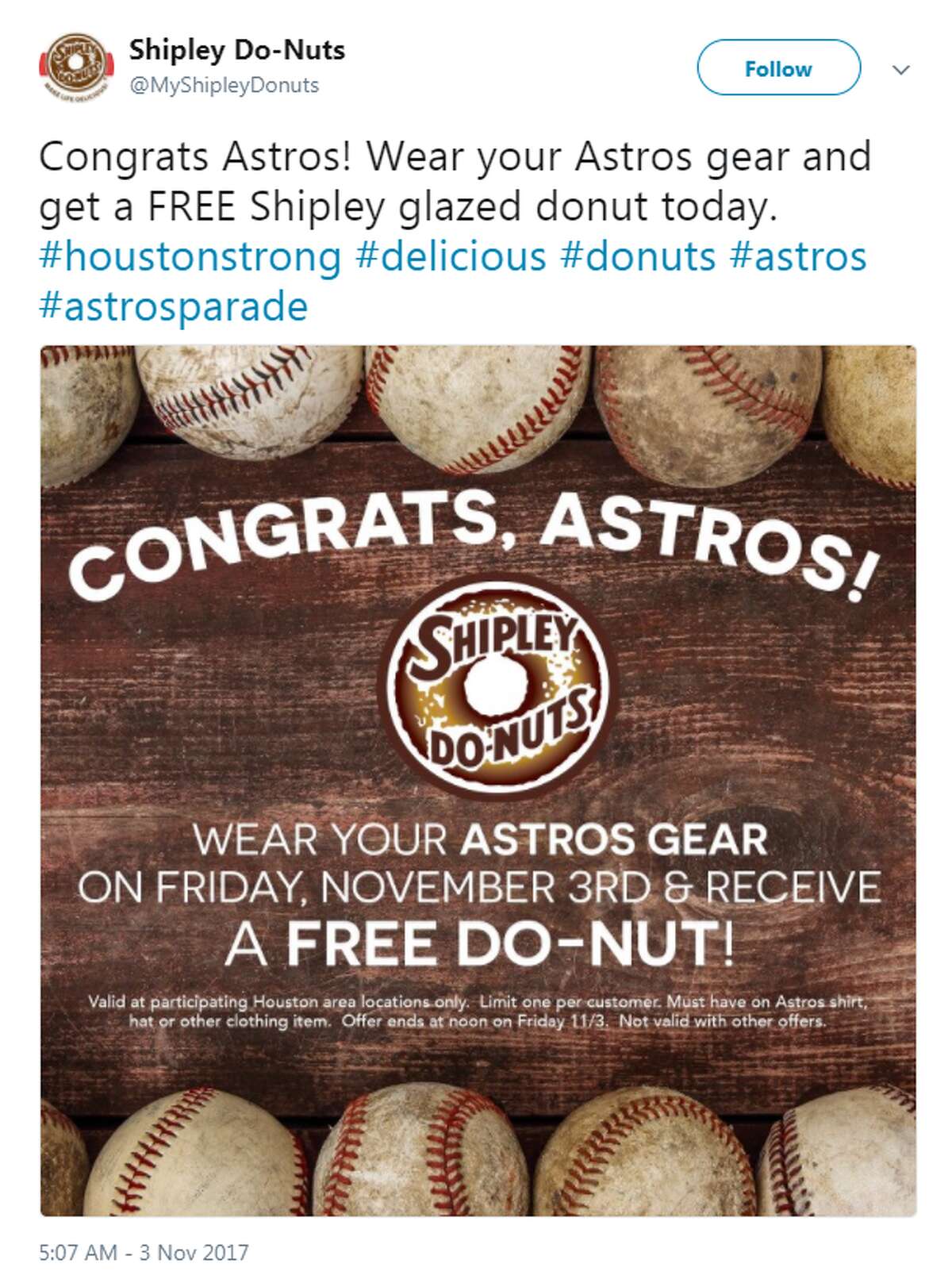 Wear your Astros gear to get a free donut