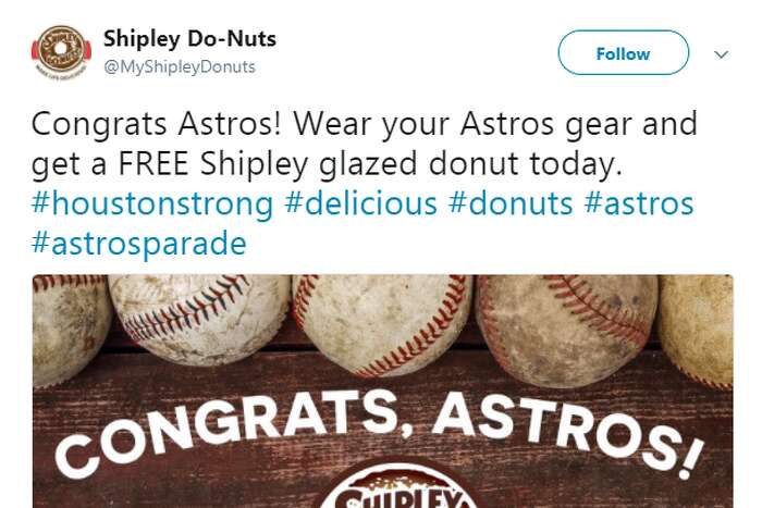 Shipley Do-Nuts - Cause Houston deserves all the donuts. Stop by a  participating Houston area location tomorrow, wearing your best  @astrosbaseball gear, and get a free donut! Wear a hat, shirt, full