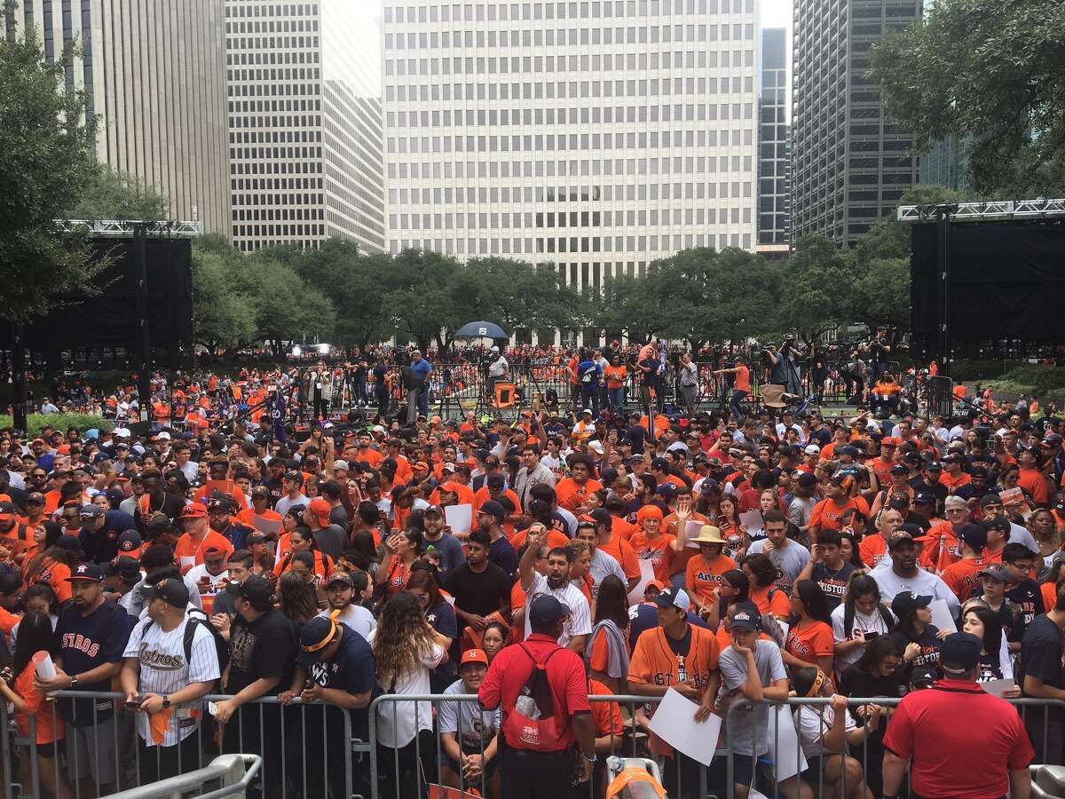 Houston Astros fans begin to line the city streets in preparation for the World Series victory parade Tuesday afternoon.