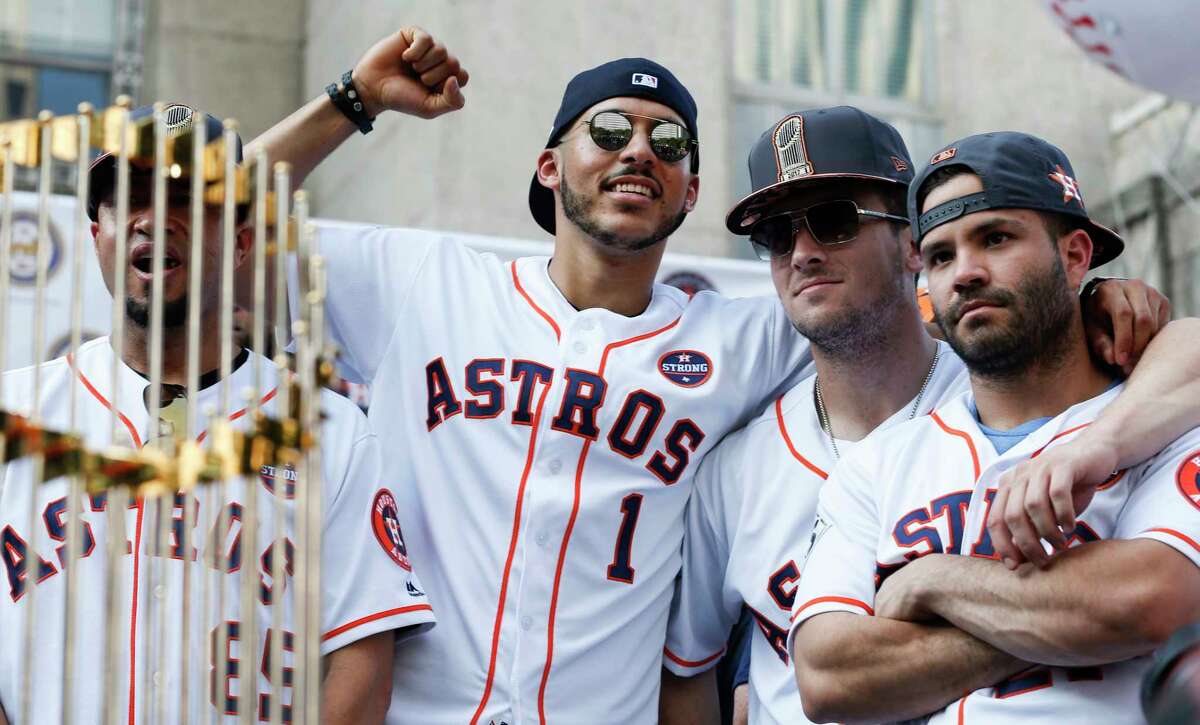 PHOTOS: A look at athletes who have appeared on Saturday Night Live Houston Astros shortstop Carlos Correa (1), third baseman Alex Bregman (2) and second baseman Jose Altuve (27) stand on the stage during the Astros World Series championship celebration rally on Friday, Nov. 3, 2017, in Houston. Browse through the photos for a look at athletes who have appeared on Saturday Night Live.