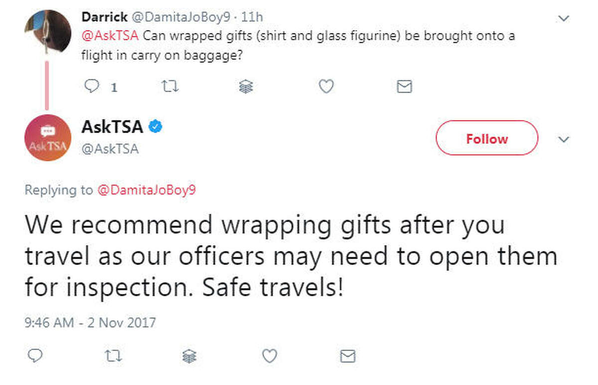 Holiday travel is coming up, see what's safe to carry on according to TSA. Photo: @AskTSA Twitter