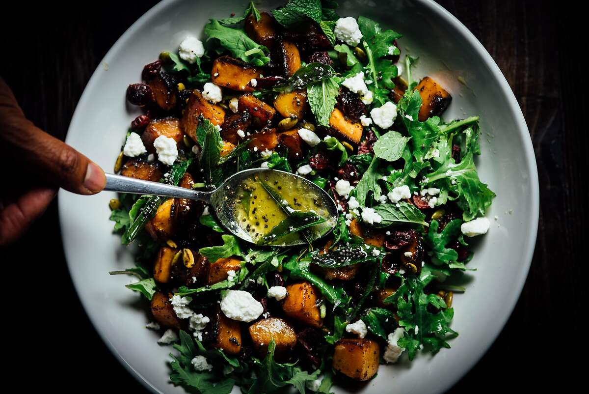 Roasted butternut squash salad with lime curry leaf dressing