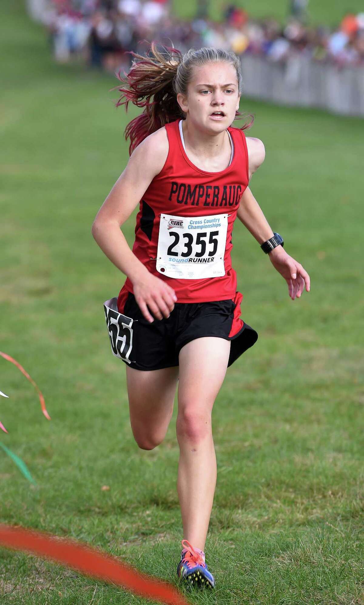 Katherine Wiser of Pomperaug nears the finish line placing second in the 2017 CIAC Fall Championship Girls Cross Country race in Manchester on November 3, 2017.