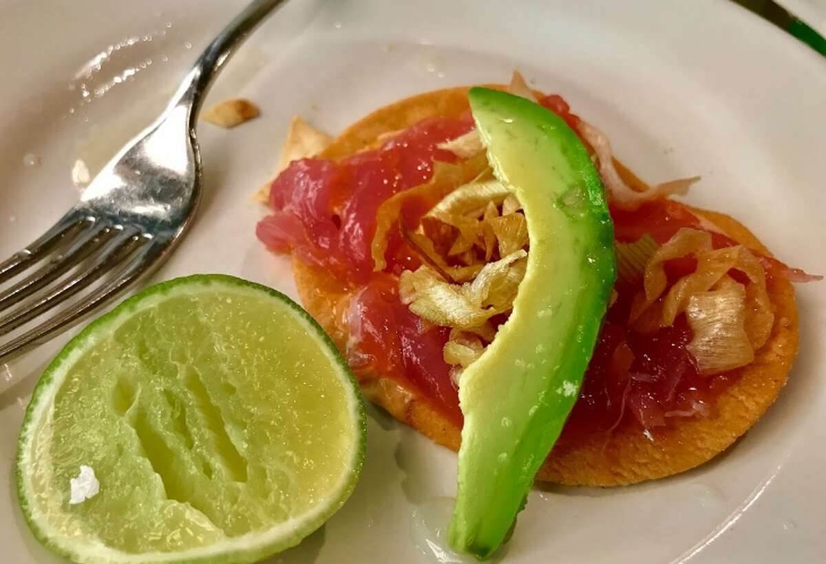 Ahi tuna tostada with dried onion, lemon mayo, sea salt and lime juice at the popular Contramar in Mexico City (Photo: Chris McGinnis)