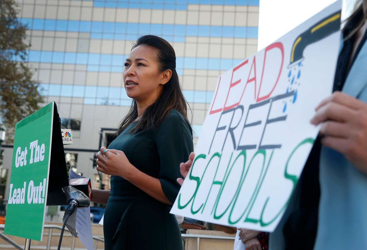 Vien Truong, CEO of Dream Corps, speaks at a news conference by local groups in Oakland, Calif. on Wednesday, Nov. 1, 2017 to launch a new campaign to remove lead from drinking water at Oakland schools.