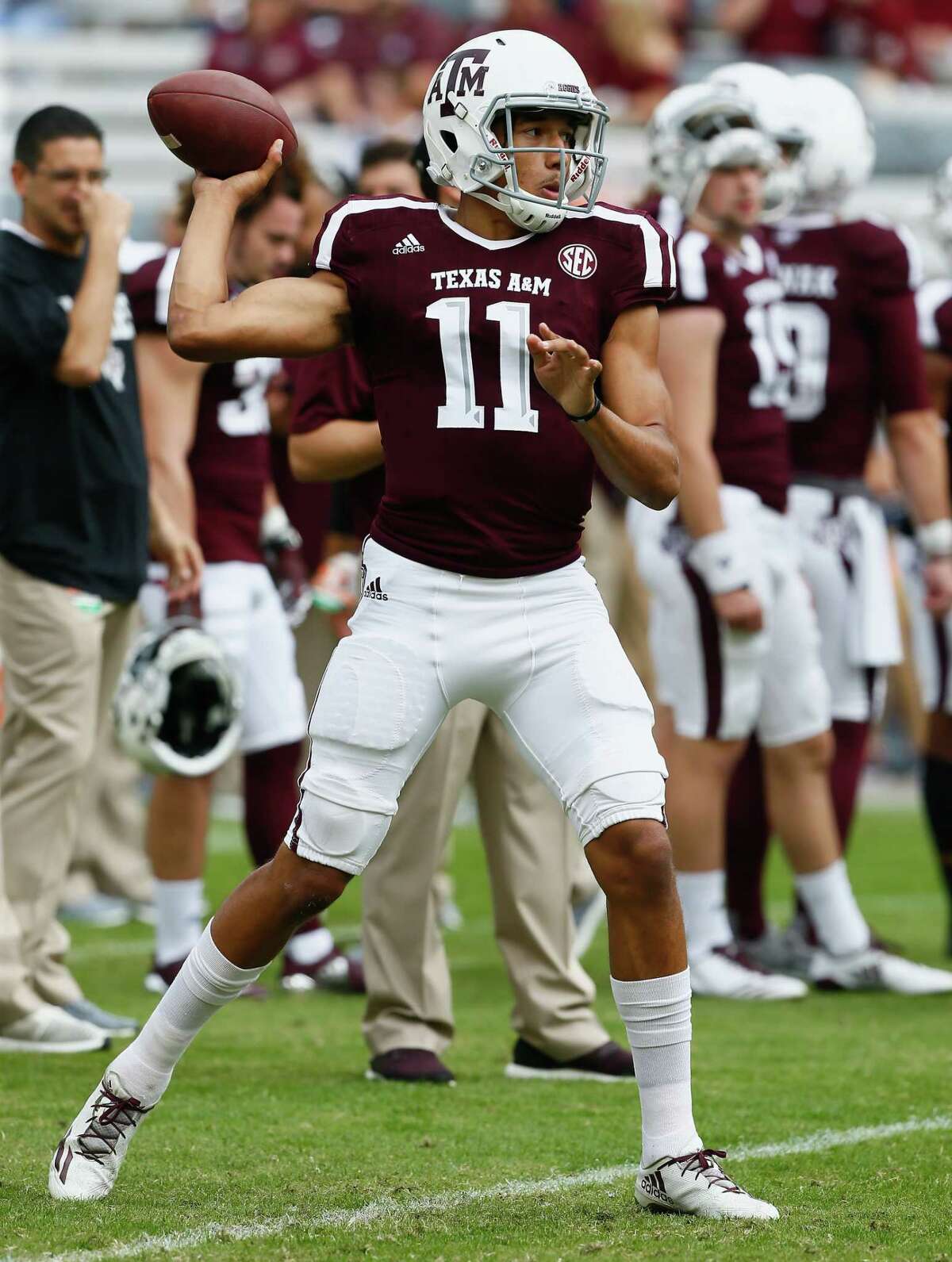 COLLEGE STATION, TX - NOVEMBER 04: Kellen Mond #11 of the Texas A&M Aggies warms up before their game against the Auburn Tigers at Kyle Field on November 4, 2017 in College Station, Texas.