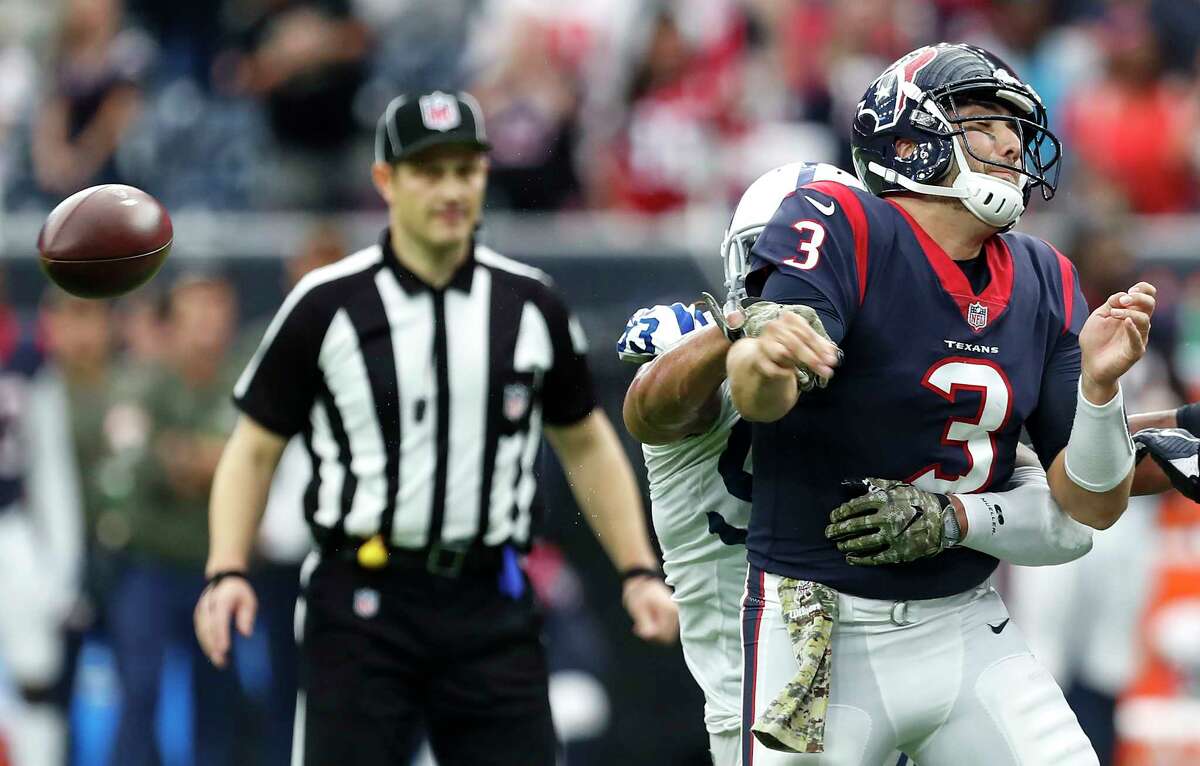Houston Texans quarterback Tom Savage (3) fumbles as he is hit by Indianapolis Colts outside linebacker Jabaal Sheard on the final play of the fourth quarter of an NFL football game at NRG Stadium on Sunday, Nov. 5, 2017, in Houston.