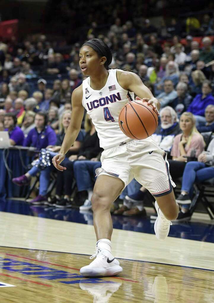 Connecticut's Mikayla Coombs (4) in the second half of an NCAA college exhibition basketball game, Sunday, Nov. 5, 2017, in Storrs, Conn. (AP Photo/Jessica Hill) Photo: Jessica Hill / Associated Press / AP2017