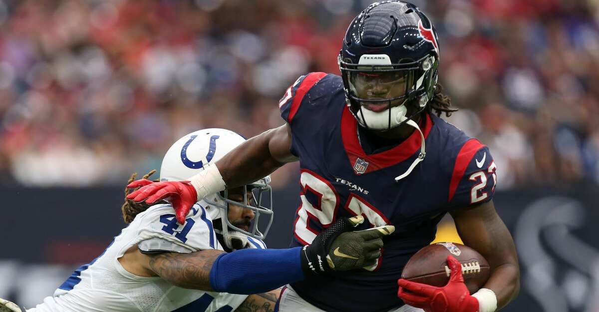 Houston Texans running back D'Onta Foreman (27) rushes the ball against Indianapolis Colts strong safety Matthias Farley (41) during the second half of the game at NRG Stadium Sunday, Nov. 5, 2017, in Houston. The Colts won 20-14. ( Godofredo A. Vasquez / Houston Chronicle )
