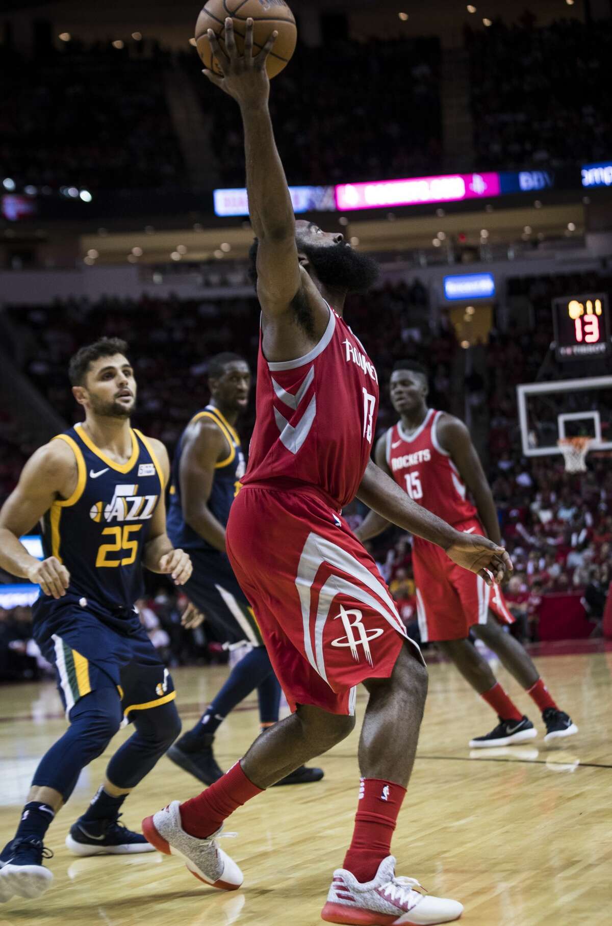 Houston Rockets guard James Harden (13) extends his arm to catch a pass during the game against the Utah Jazz on Sunday, Nov. 5, 2017, in Houston. The Rockets won 137-110 against the Utah Jazz. ( Marie D. De Jesus / Houston Chronicle )