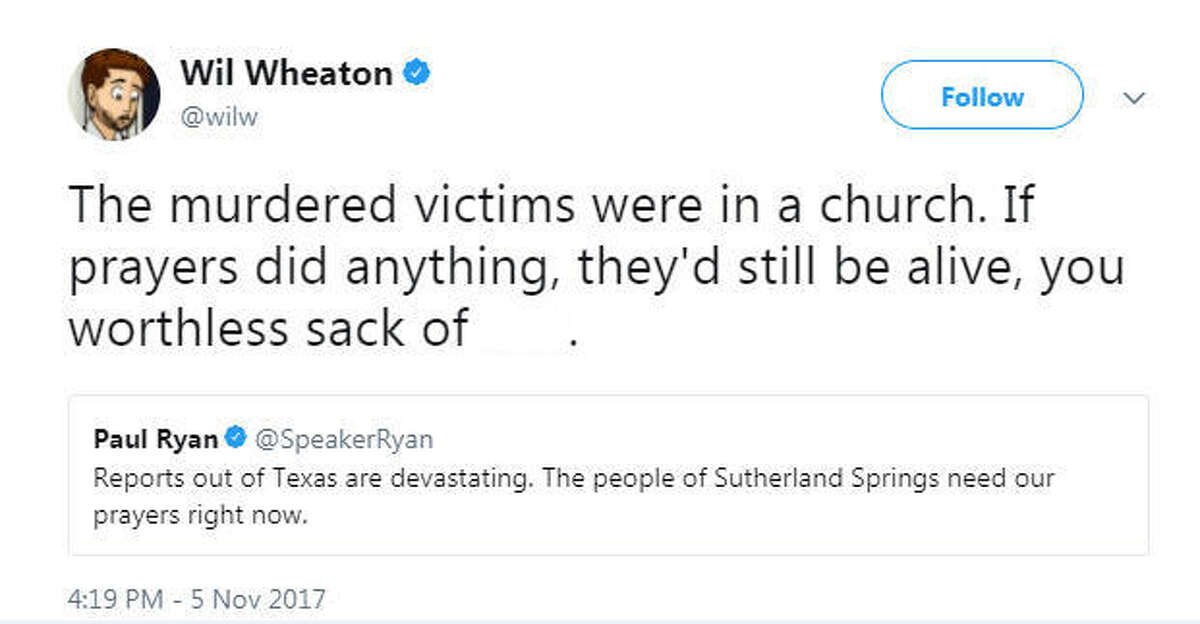 Actor and writer Wil Wheaton was criticized on Twitter after he belittled faith-based beliefs in a tweet attacking congressman Paul Ryan. Wheaton and Ryan were tweeting about the mass shooting in Sutherland Springs, Texas on Nov. 5, 2017. Image source: Twitter See more of Wheaton's tweets and images from First Baptist Church in Sutherland, Texas up ahead. 