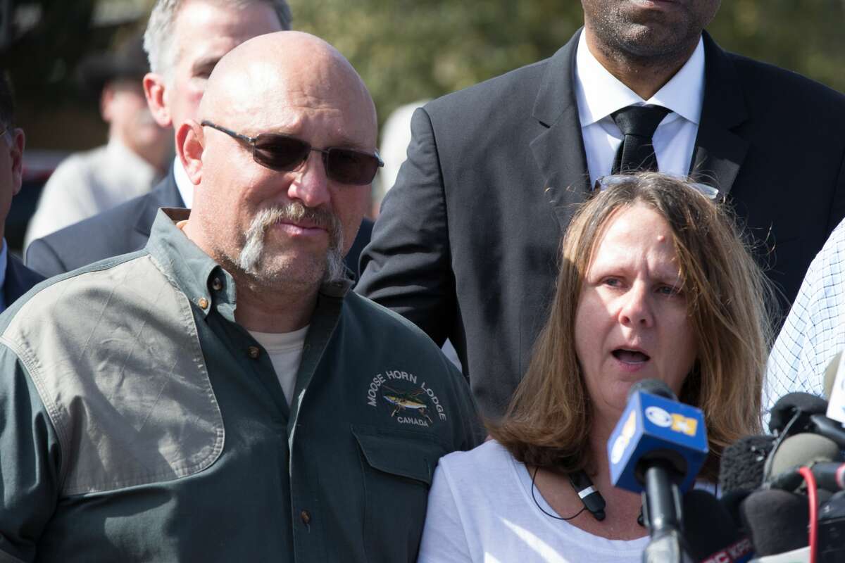 Pastor Frank Pomeroy and his wife Sherri speak at a press conference on November 6, 2017 at the First Baptist Church in Sutherland Springs, Texas following a mass shooting that left 26 people dead including their 14 year old daughter. A gunman wearing all black armed with an assault rifle opened fire on a small-town Texas church during Sunday morning services, killing 26 people and wounding 20 more in the last mass shooting to shock the United States. 