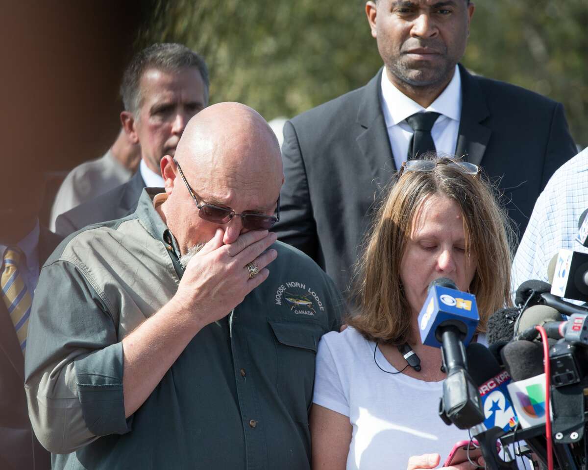 Pastor Frank Pomeroy and his wife Sherri speak at a press conference on November 6, 2017 at the First Baptist Church in Sutherland Springs, Texas following a mass shooting that left 26 people dead including their 14 year old daughter. A gunman wearing all black armed with an assault rifle opened fire on a small-town Texas church during Sunday morning services, killing 26 people and wounding 20 more in the last mass shooting to shock the United States. 