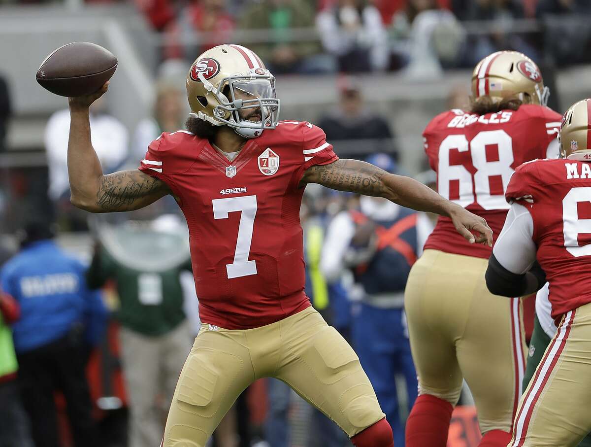 FILE - In this Dec. 11, 2016, file photo, San Francisco 49ers quarterback Colin Kaepernick (7) passes against the New York Jets during the first half of an NFL football game in Santa Clara, Calif. Houston Texans coach Bill O'Brien says he and general manager Rick Smith have discussed signing Colin Kaepernick in the wake of last week's season-ending injury to Deshaun Watson. When asked about Kaepernick on Monday, a day after Tom Savage struggled in a loss to the Colts, O'Brien said: "We talk about the roster and what's out there every day Rick and I." When pressed on whether they have specifically discussed adding Kaepernick he said: "Oh yeah, everybody gets discussed." (AP Photo/Marcio Jose Sanchez, File)