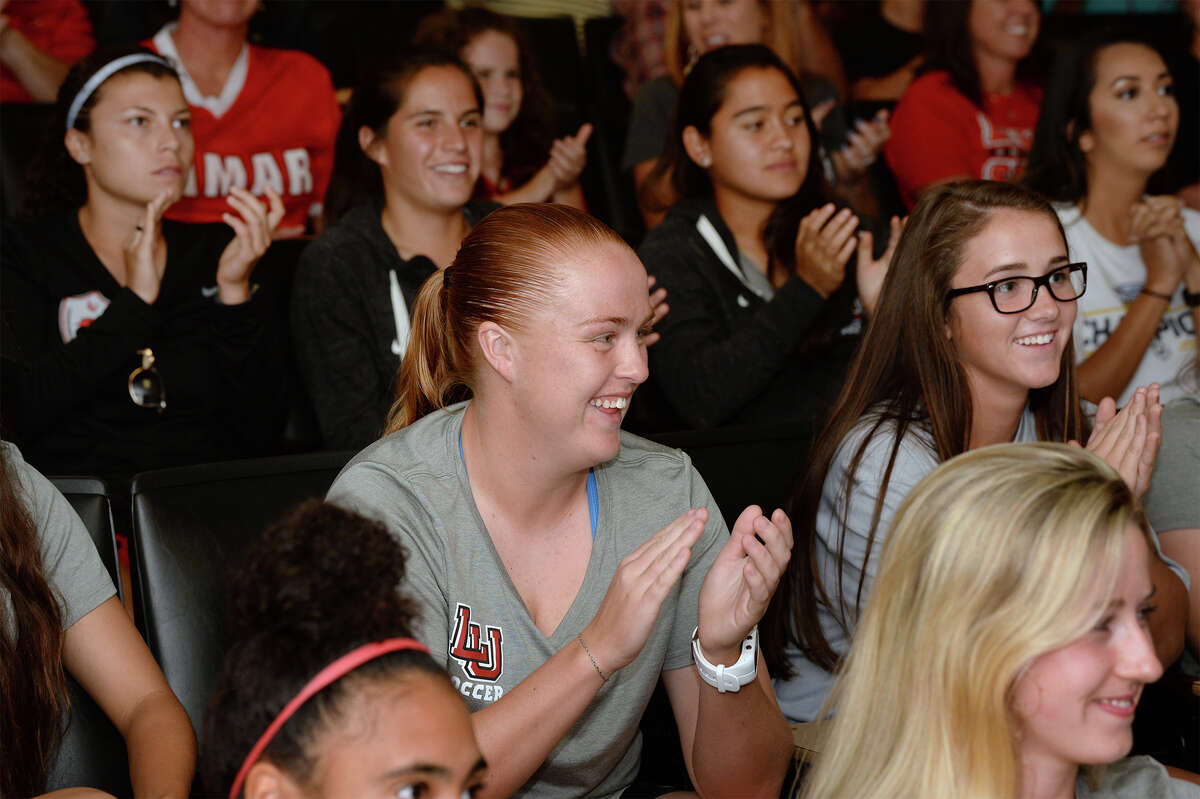 Lamar's Marie Lund, center, and her teammates cheer during a watch party for the selection show for the NCAA soccer tournament. Photo taken Monday, November 06, 2017 Guiseppe Barranco/The Enterprise