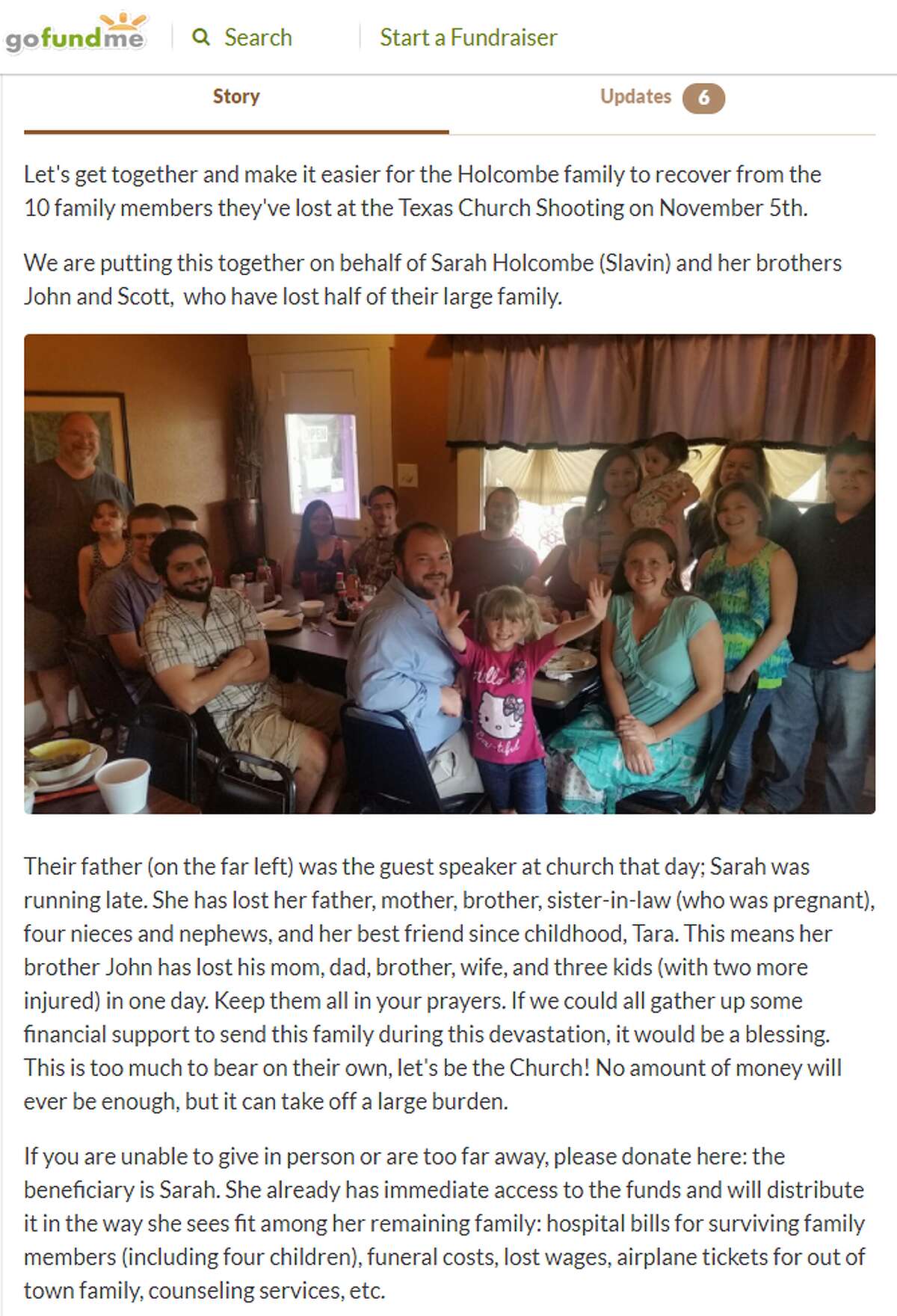 The Holcombe-Hill Family: Bryan Holcombe (60), Karla Holcombe (58), Marc Daniel Holcombe (36), Noah Holcombe (1), Crystal Holcombe (36), Emily, Megan and Greg (GoFundMe, Facebook) Crystal Holcombe, wife of injured John Holcombe, was killed with three of her five children from an earlier marriage: Emily, Megan and Greg. Her unborn child also did not survive. Crystal was a "loving mother and wonderful-hearted woman," her first father-in-law John Hill said. Bryan Holcombe, who filled in for Pastor Frank Pomeroy, died with his wife Karla. They were described as "happy people who never had a negative thing to say" by their friend, Jim Miller. Their son Marc Daniel Holcombe died with the his year-old daughter, Noah, the youngest victim. Read more about the Holcombes: Eight members of one family killed in massacre at Baptist church