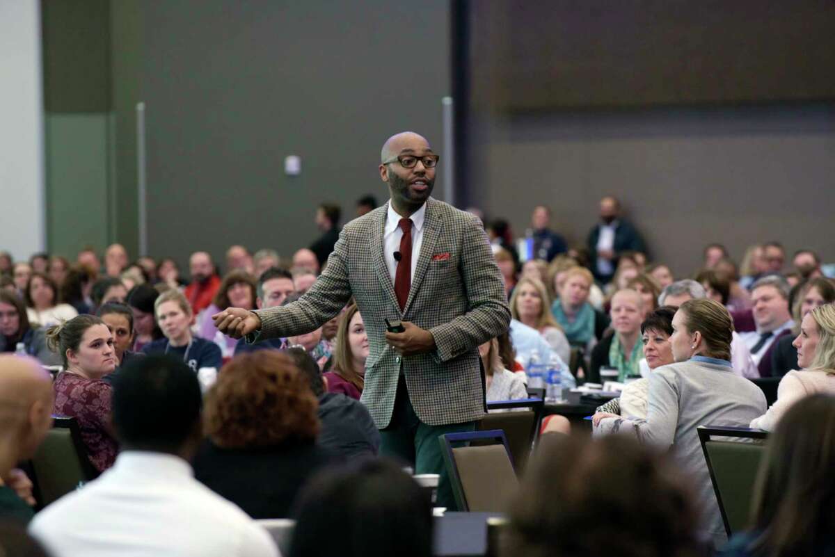 Christopher Emdin delivers the keynote address at the local Urban Schools Conference on Tuesday, Nov. 7, 2017, in Albany, N.Y. Schenectady City School District and Capital Region BOCES teamed up to offer the first-ever local Urban Schools Conference at the Albany Capital Center. (Paul Buckowski / Times Union)
