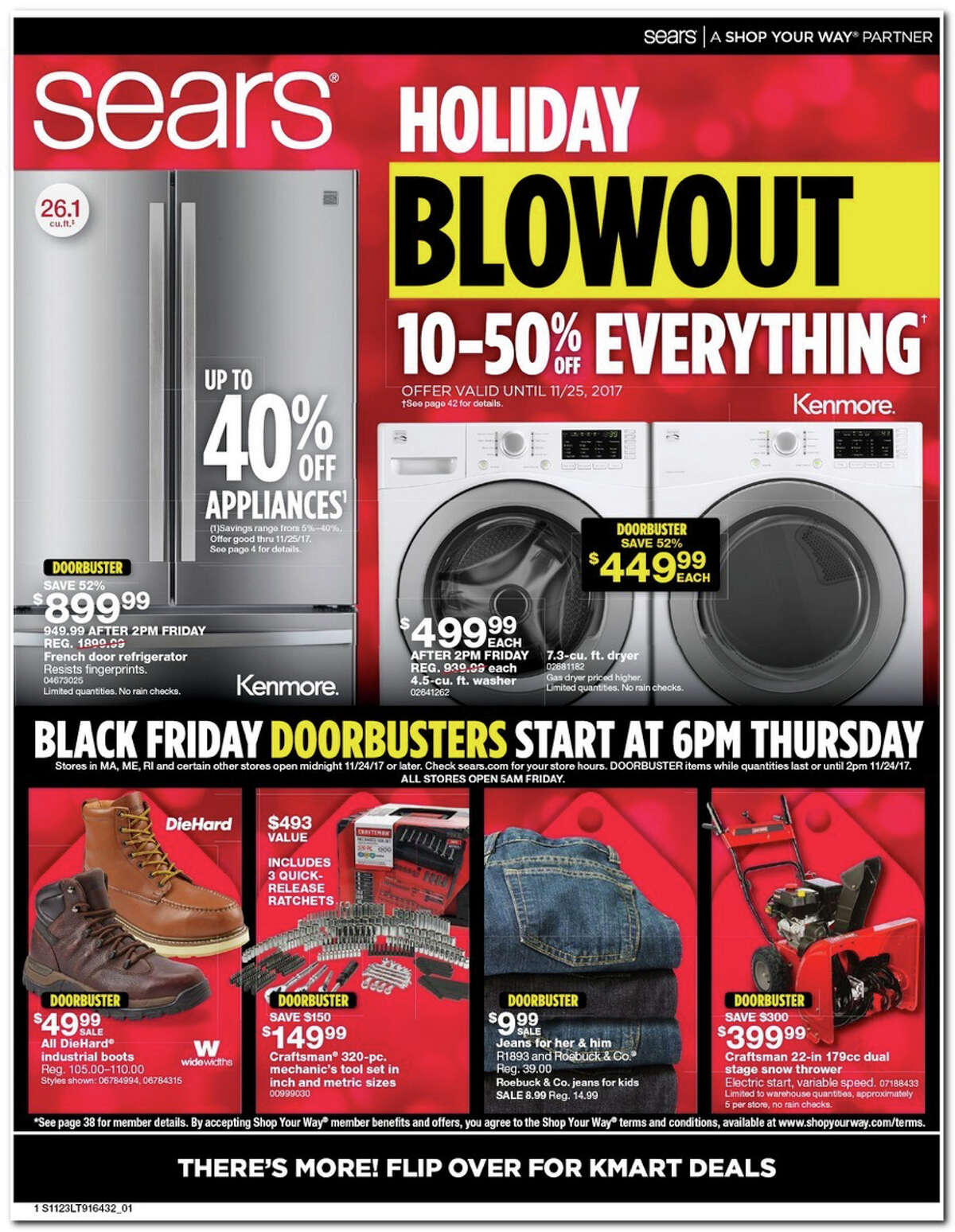 Sears has released its 2017 Black Friday Doorbuster ad. Prices and promotion begin on Thursday, Nov. 23 at 6 p.m. and are subject to change and availability, based on the retailer's determination.