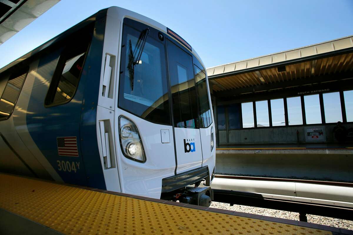 FILE - BART shows off one of their new train cars during a demonstration run at the South Hayward station, Ca., as seen on Mon. July 23, 2017. One of the cars malfunctioned Monday, which was caused by an air compressor malfunction, spokeswoman Alicia Trost wrote in a statement.