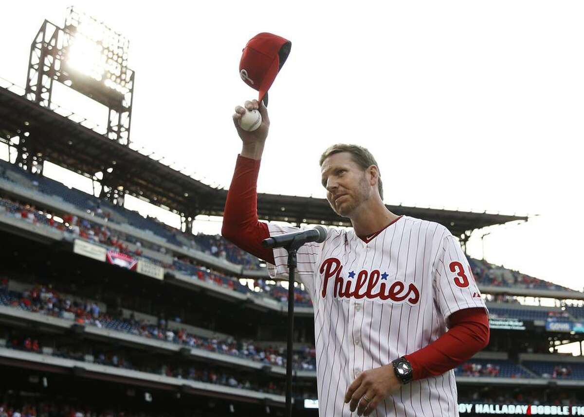 Roy Halladay acknowledged the Philadelphia crowd in 2014. The right-handed pitcher retired after the 2013 season.