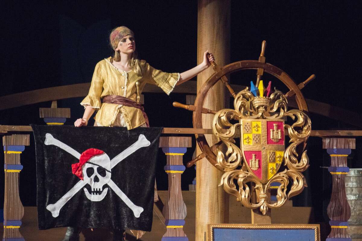 The cast of "The Lady Pirates of Captain Bree" rehearse the musical comedy on Tuesday at the Midland Center for the Arts. (Danielle McGrew Tenbusch/for the Daily News)