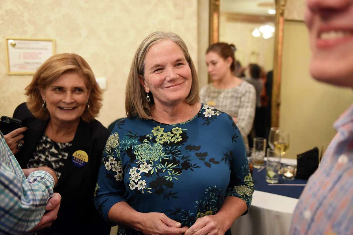 Meg Kelly, Saratoga Springs mayor-elect, right, with Deputy-elect Lisa Shields on election night at the Inn at Saratoga on Tuesday, Nov. 7, 2017, in Saratoga Springs, N.Y. (Will Waldron/Times Union)