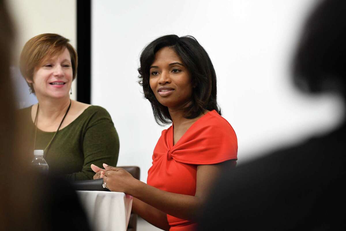 Susan Mehalick, left, executive editor of Women@Work, interviews Nathaalie Carey, right, deputy commissioner for administration and chief financial officer of the New York State Department of Labor, during a Women@Work Straight Talk breakfast on Wednesday, Nov. 8, 2017, at the Hearst Media Center in Colonie, N.Y. (Will Waldron/Times Union)
