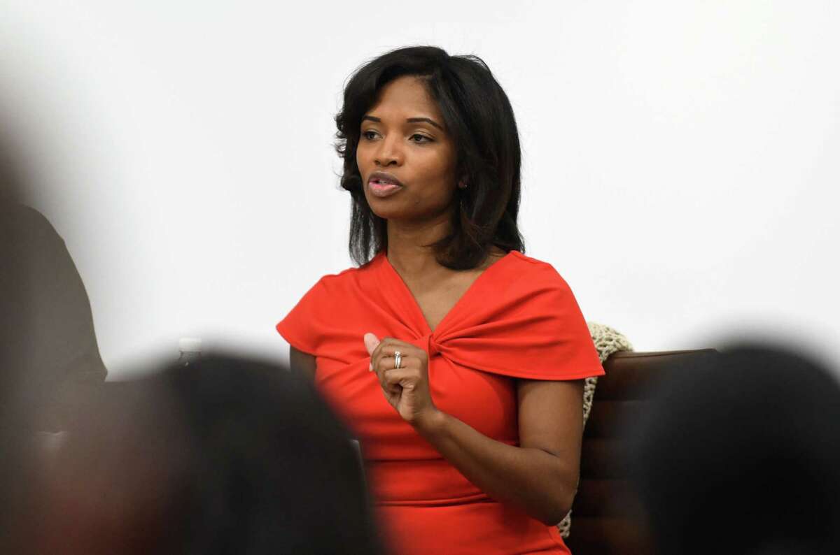 Nathaalie Carey, deputy commissioner for administration and chief financial officer of the New York State Department of Labor, speaks during a Women@Work Straight Talk breakfast on Wednesday, Nov. 8, 2017, at the Hearst Media Center in Colonie, N.Y. (Will Waldron/Times Union)