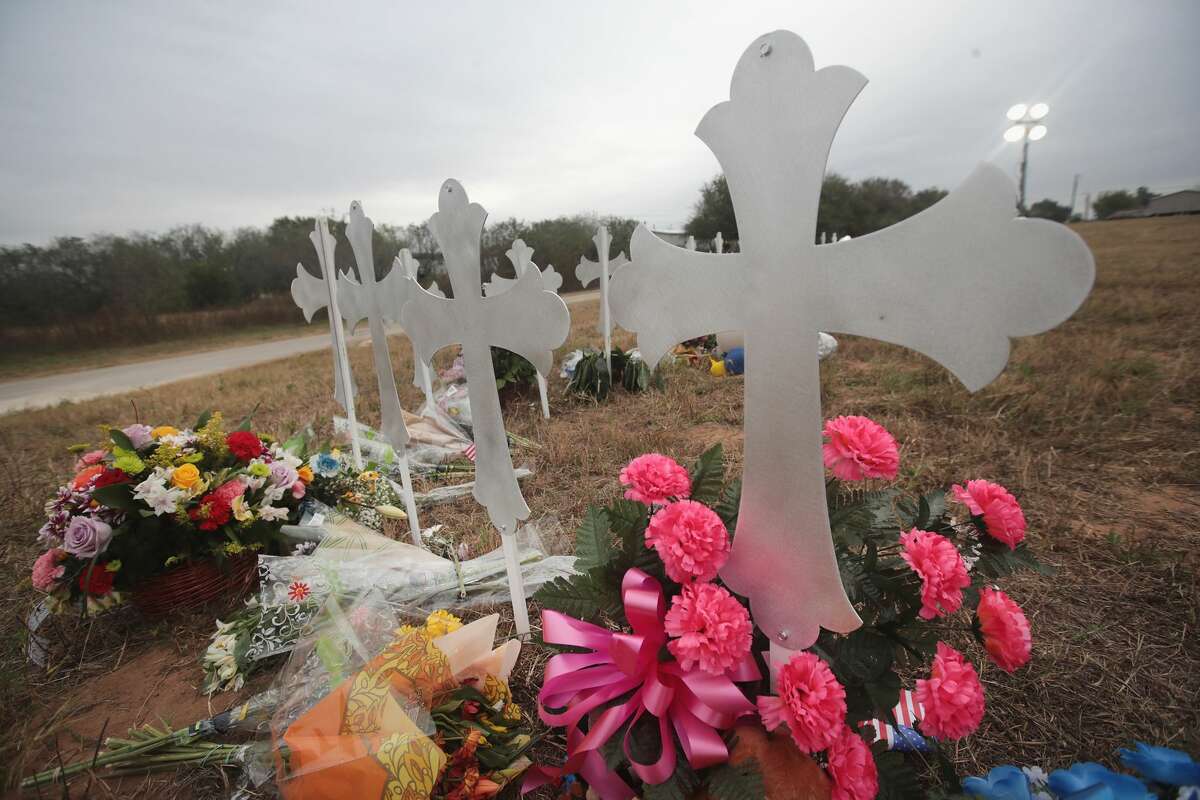 SUTHERLAND SPRINGS, TX - NOVEMBER 08: Twenty-six crosses stand in a field on the edge of town to honor the 26 victims killed at the First Baptist Church of Sutherland Springs on November 8, 2017 in Sutherland Springs, Texas. On November 5, a gunman, Devin Patrick Kelley, shot and killed the 26 people and wounded 20 others when he opened fire during Sunday service at the church. (Photo by Scott Olson/Getty Images)