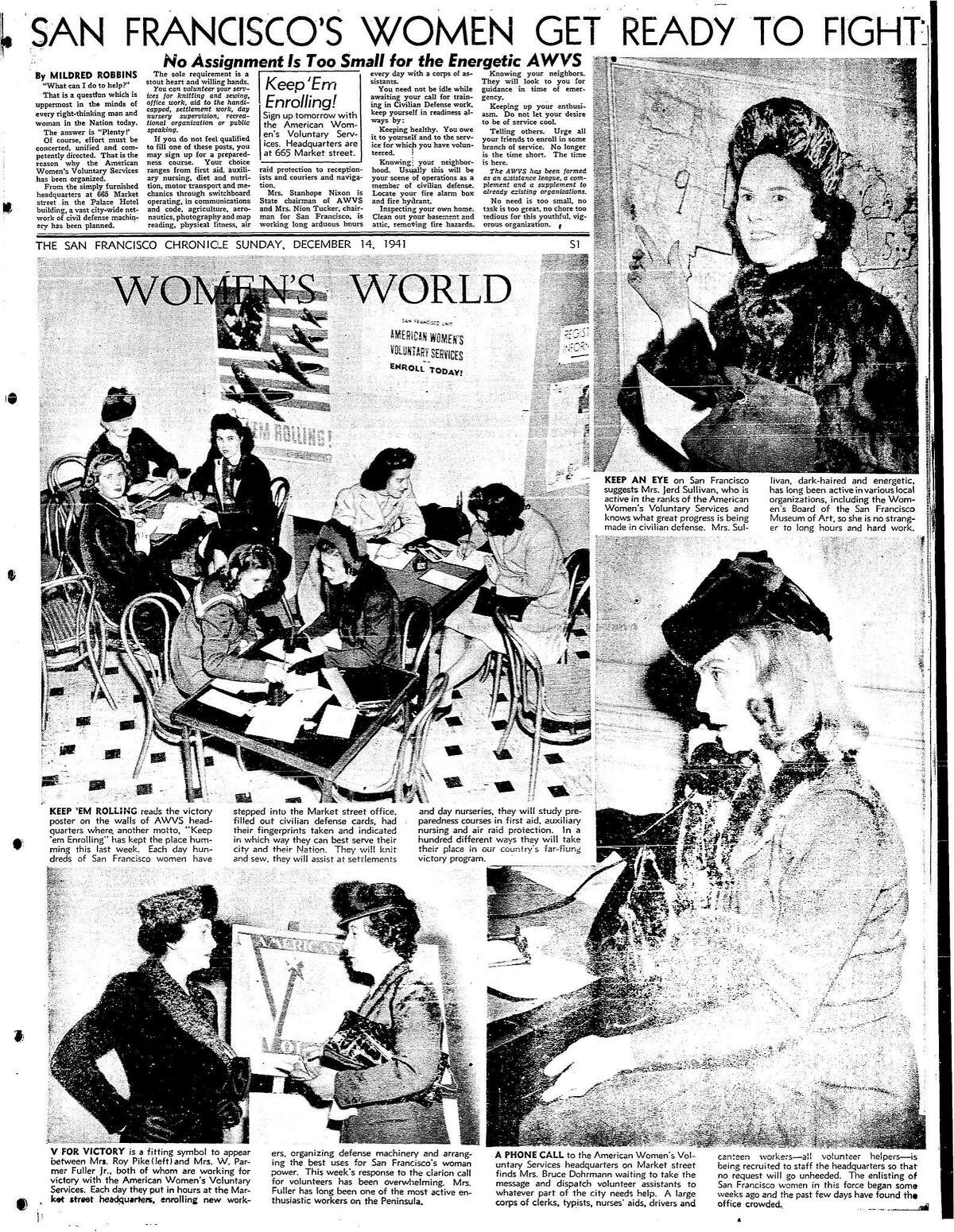 1941年12月14日,纪事报》的一篇文章对各种妇女组织包括AWVS,美国妇女的志愿者服务,准备战争在珍珠港袭击后的日子