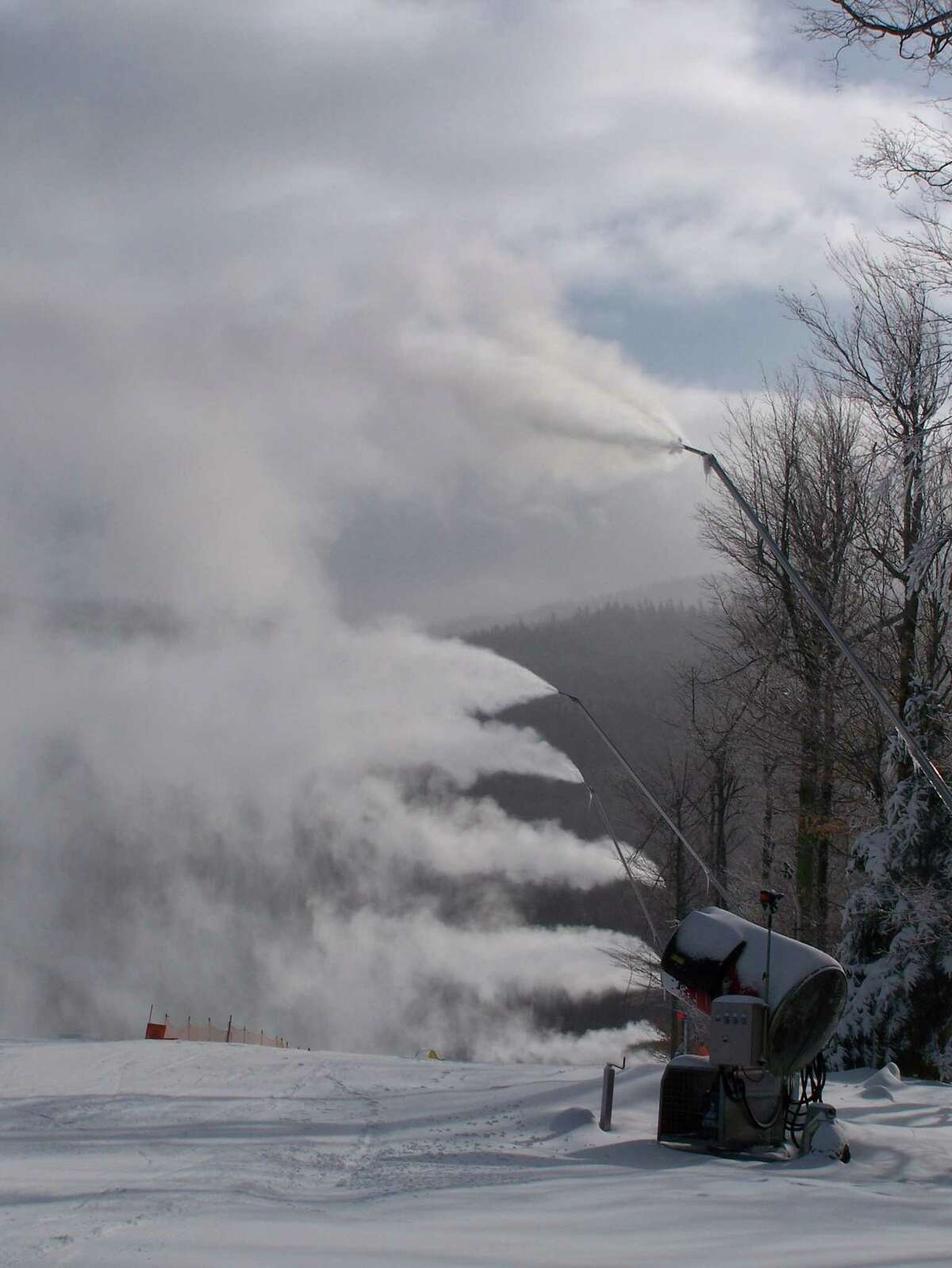 Snowguns were cranking away last winter at the Whiteface ski resort. Cold temperatures during the next several nights will let the guns run on slopes in New York and Vermont. Temperture in the Capital Region could dip into the single digits Friday night. (Photo courtesy of state Regional Olympic Development Authority)