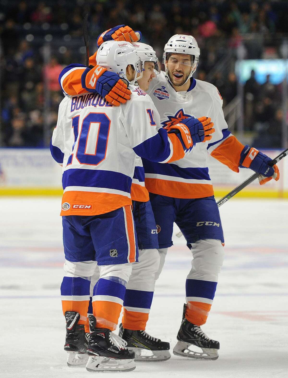 Bridgeport Sound Tiger players celebrate a first period goal by Sebastian Aho during their AHL hockey game with the Lehigh Valley Phantoms at the Webster Bank Arena in Bridgeport, Conn. on Wednesday, November 8, 2017.