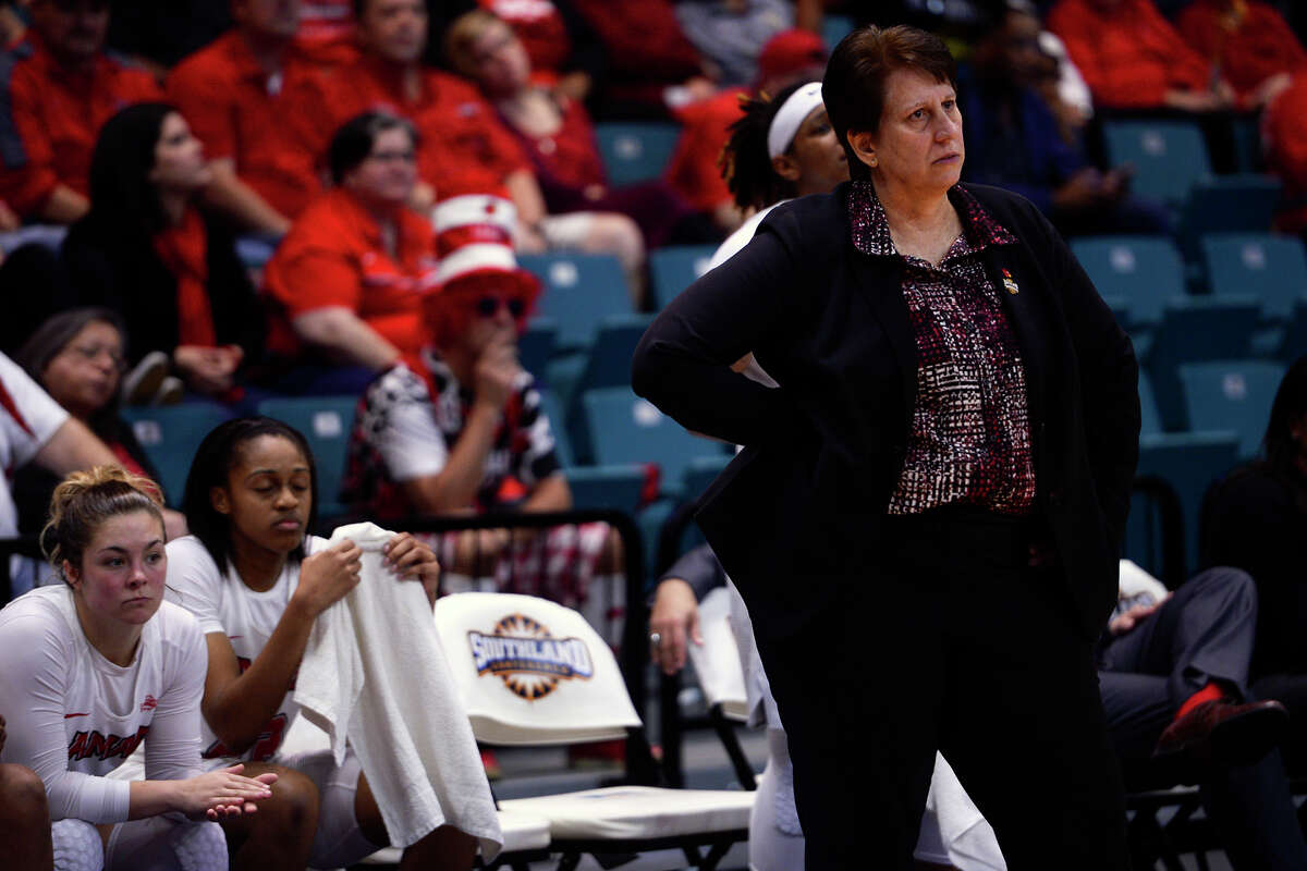 Lamar women's basketball coach Robin Harmony watches from the sideline as they play Stephen F. Austin in the Southland Conference women's basketball tournament at the Merrell Center in Katy on Saturday afternoon. Photo taken Saturday 3/11/17 Ryan Pelham/The Enterprise