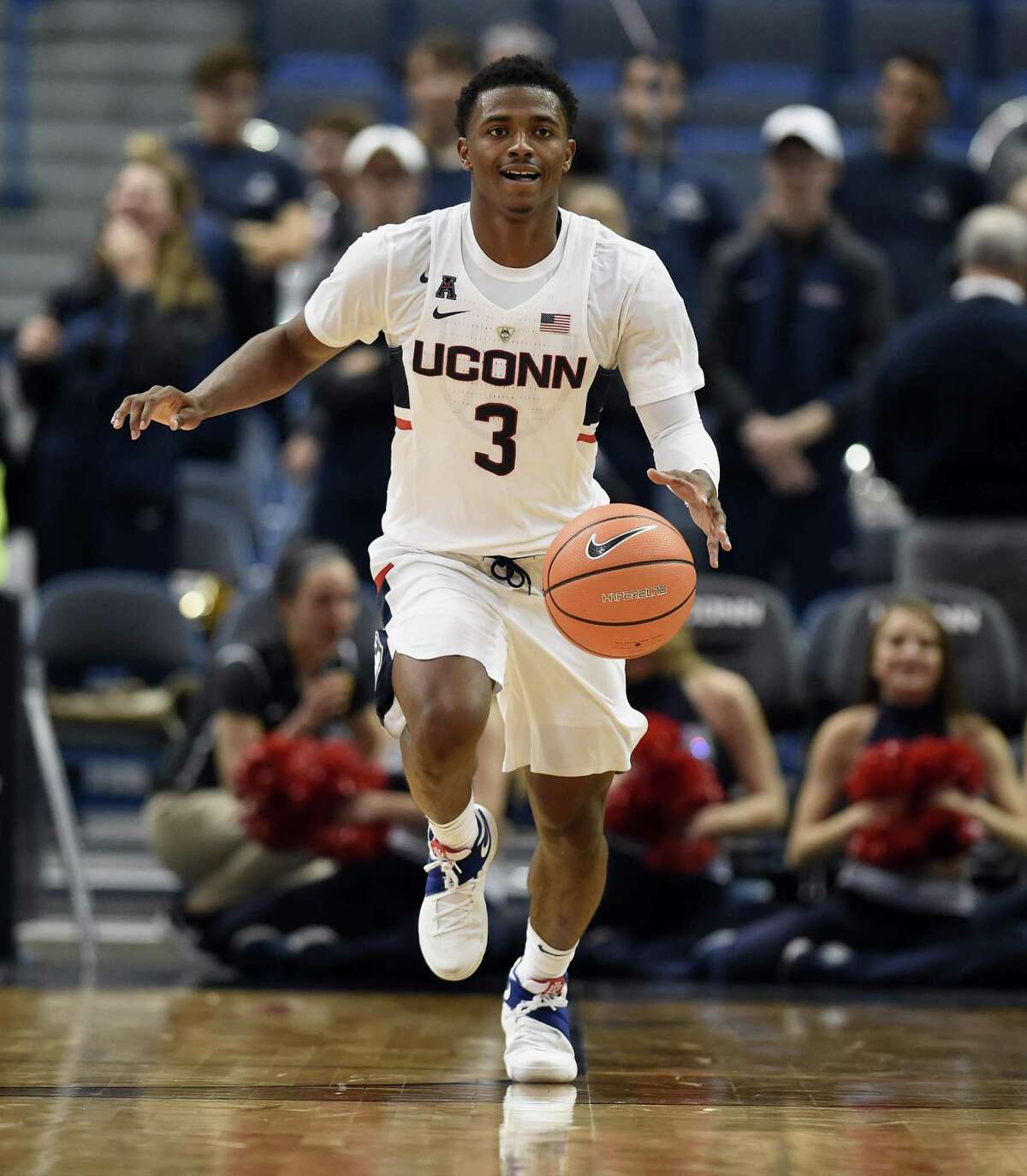 Connecticut's Alterique Gilbert during the second half of an NCAA college exhibition basketball game, Monday, Oct. 30, 2017, in Hartford, Conn. (AP Photo/Jessica Hill)