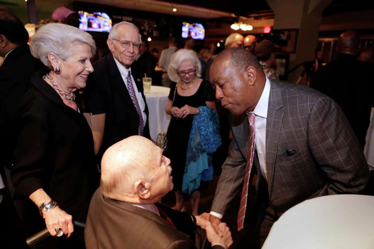 Mayor Sylvester Turner greets supporters at an election watch party at Southwest Grill in downtown. Bonds for public improvement projects easily passed Tuesday. (Michael Wyke)