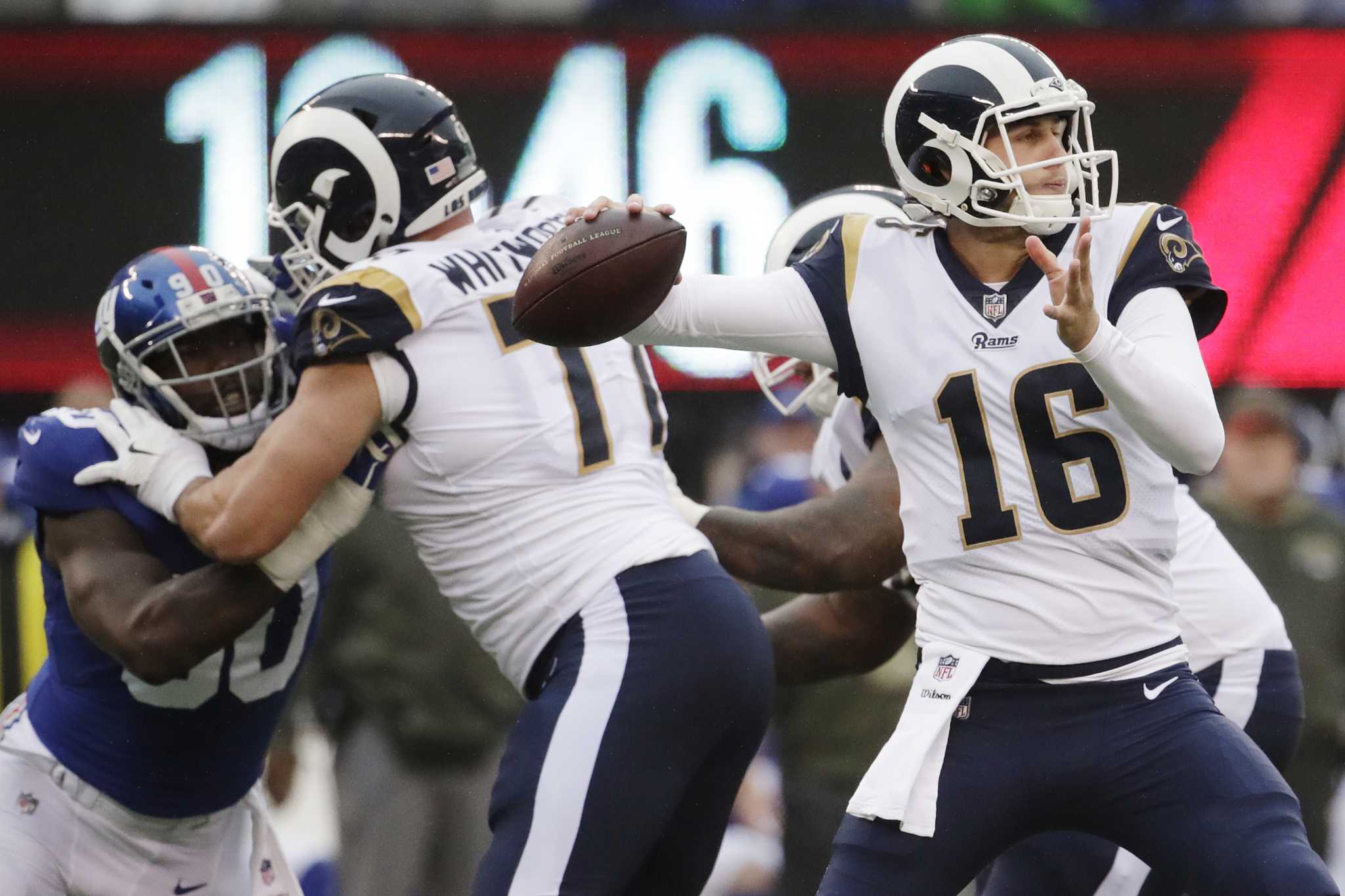 Quarterback Jared Goff of the Los Angeles Rams looks to pass against