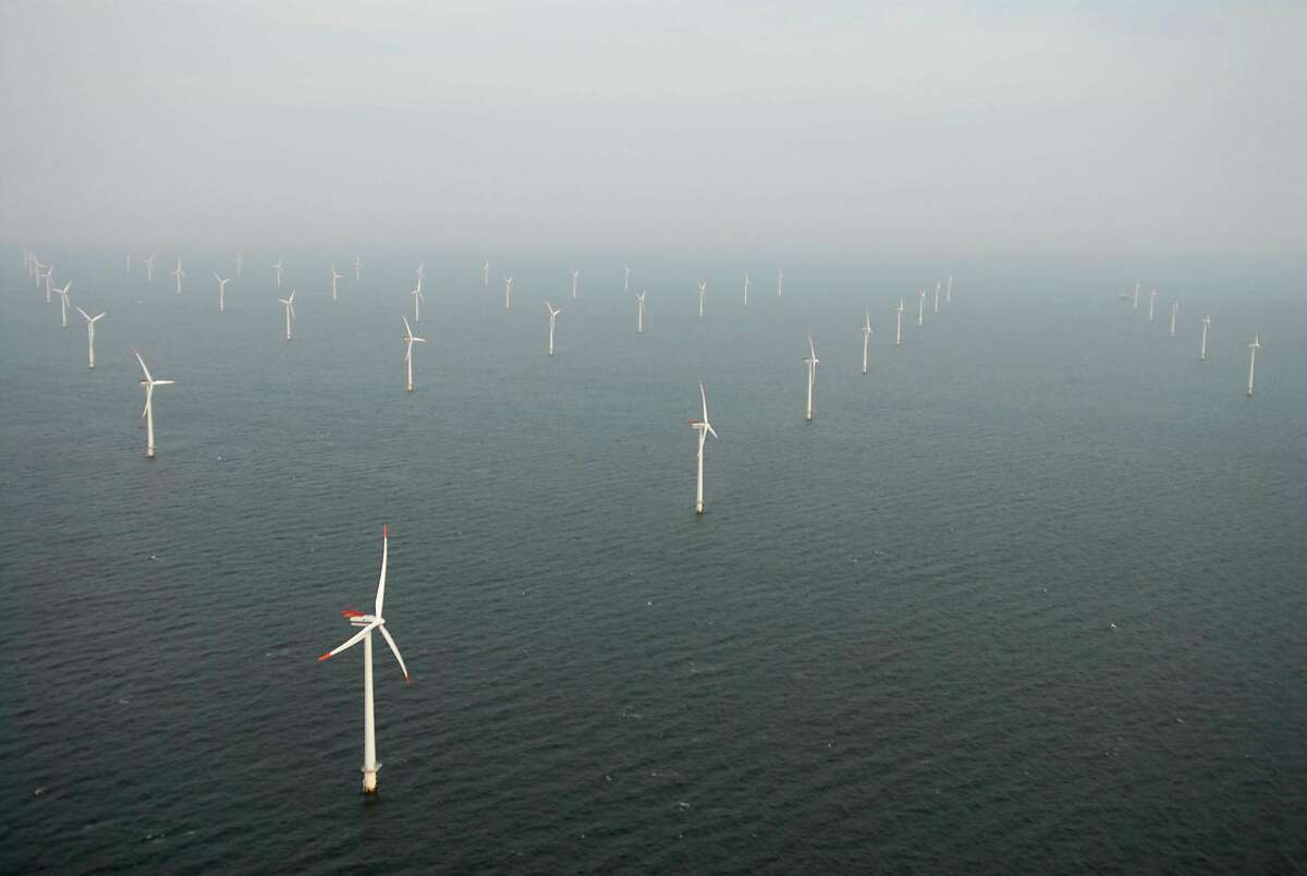 This undated handout photo provided by Bluewater Wind shows Horns Rev Offshore Wind Farm, located in the North Sea west of Denmark. 