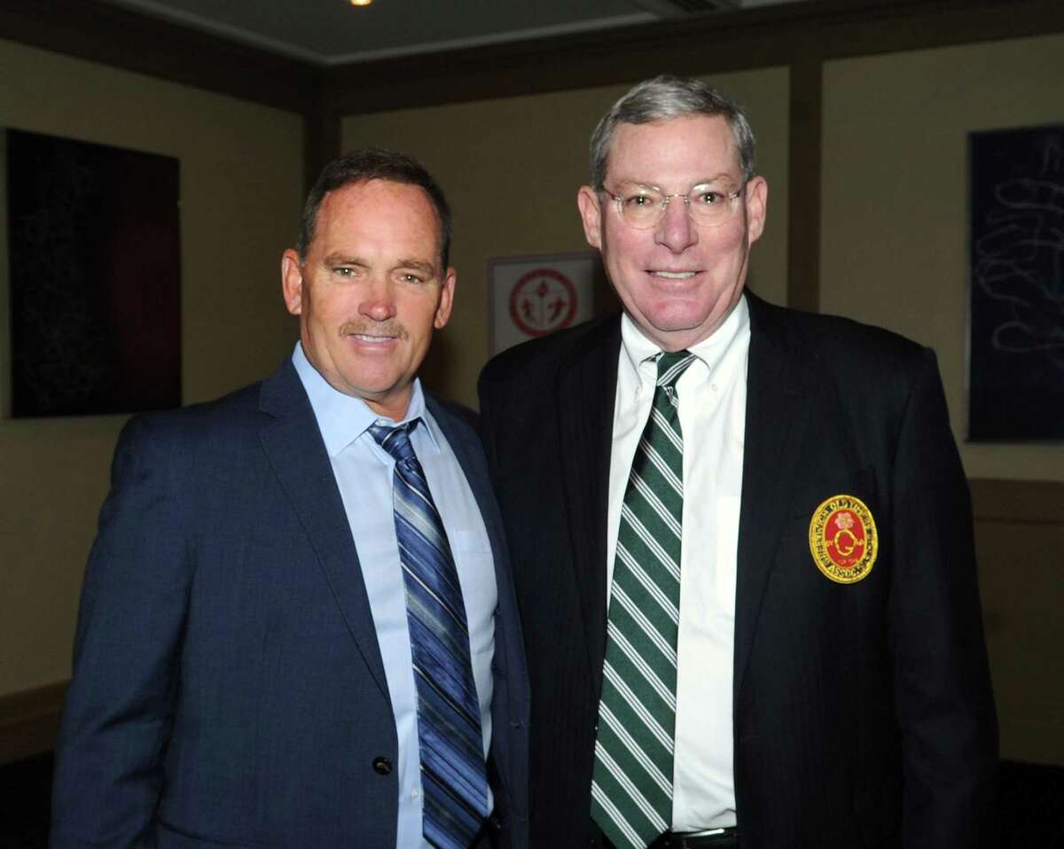 Former New York Mets star Howard Johnson, left, with Greenwich Old Timers Athletic Association President John Rogan during the 57th annual Greenwich Old Timers Awards Dinner at Hyatt Regency Greenwich in Conn., Thursday night, Nov. 9, 2017. Johnson was honored during the event.