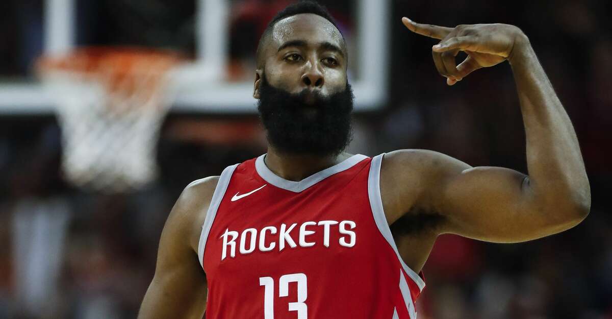 Houston Rockets guard James Harden cheers as he runs upcourt after scoring a 3-pointer against the Cleveland Cavaliers during the fourth quarter of an NBA basketball game at Toyota Center on Thursday, Nov. 9, 2017, in Houston. ( Brett Coomer / Houston Chronicle )