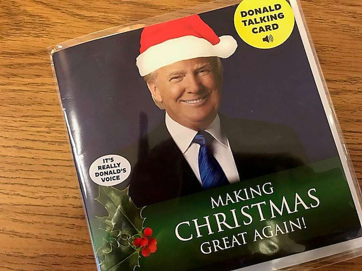 Donald Trump as a greeting card talking Santa